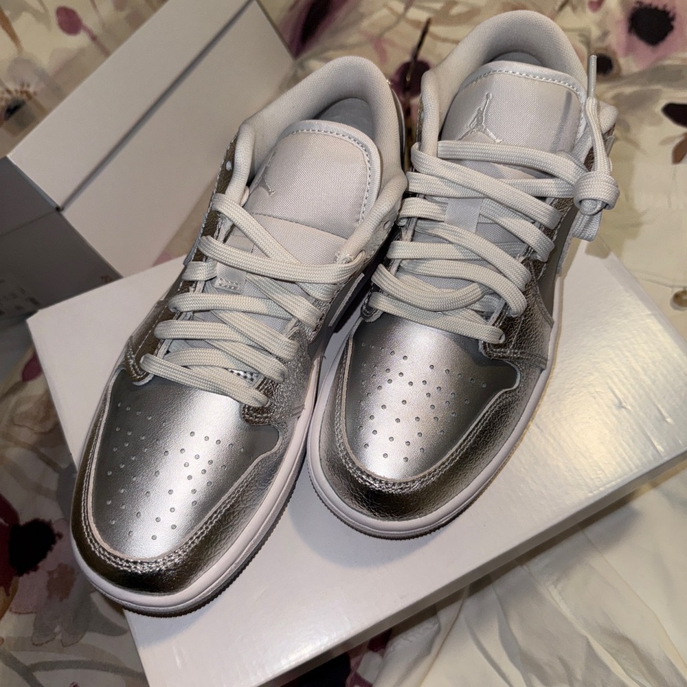 Nike Air Jordan 1 Low Silver Sneakers Metallic Finish Padded Collar